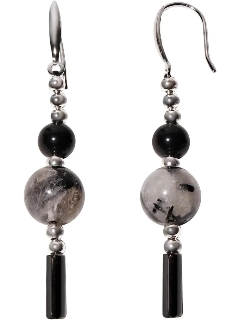 Trendy 925 Sterling Silver Dangle Earrings with Obsidian & Rutilated Quartz